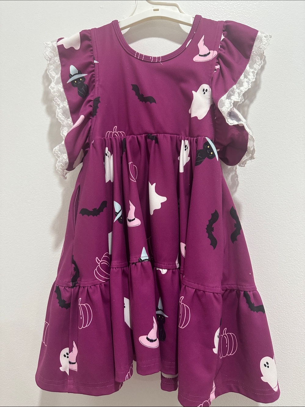 Girls' Halloween Dress with Ghost & Bat Print - Purple